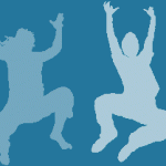 Silhouette of two people jumping